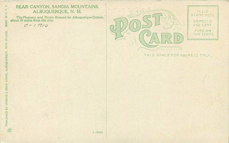 Albuquerque New Mexico C-1910 Bear Canyon Sandia Mountains Postcard 20-5064
