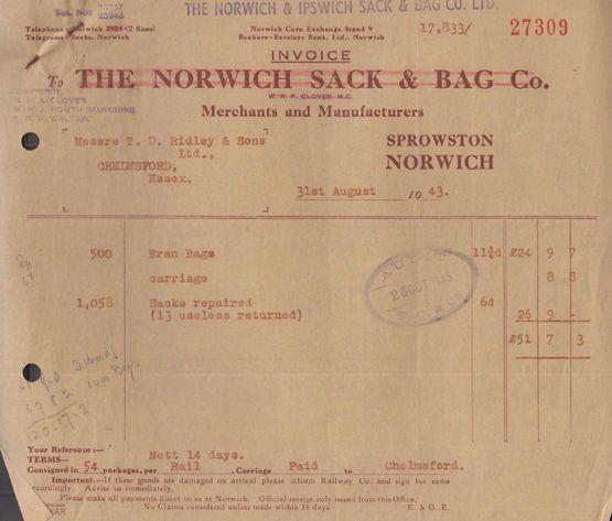 5x Norwich & Ipswich Factory Sprowston Suffolk Bags WW2 1943 Ephemera Receipt s
