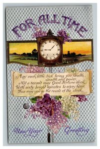 Vintage 1909 New Year's Postcard Grandfather Clock Purple Flowers Silver Face