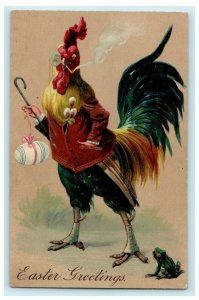 1910 Rare Anthropomorphic Aristocrat Rooster Smoking Easter Egg Frog Postcard