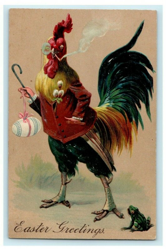 1910 Rare Anthropomorphic Aristocrat Rooster Smoking Easter Egg Frog Postcard