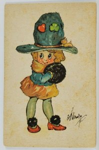 Little Fancy Girl Large Hat Muff Red Heels Artist Signed Italy Postcard R13