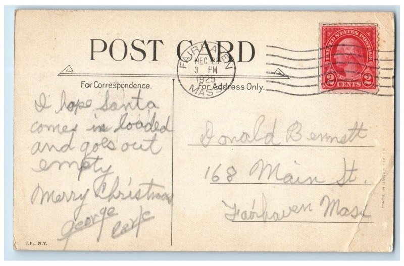 1925 Christmas Girl Holding Candle Dog Berries Barking Fair Haven MA Postcard