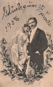 Postcard 1910's Glück Im Bride! Happiness In The Bride Wedding Couple Greetings