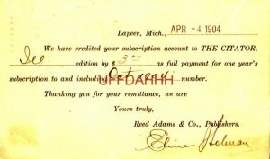 APR 1904 WE HAVE CREDITED YOUR SUBSCRIPTION ACCOUNT TO THE CITATOR, Reed Adams