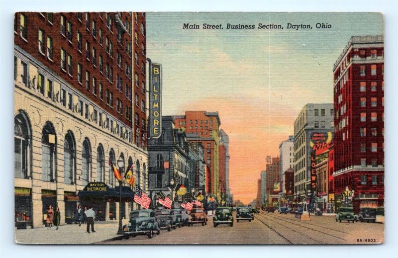 Postcard OH Dayton Main Street Business Section Vintage Linen I8