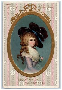 1909 Valentine Pretty Woman Big Hat Feather Curly Hair Embossed Tuck's Postcard 