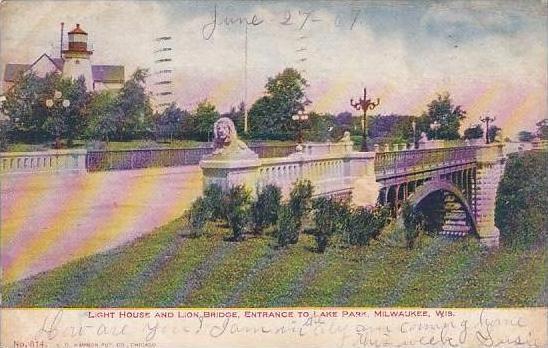 Wisconsin Milwaukee Light House And Lion Bridge Entrance To Lake Park 1907