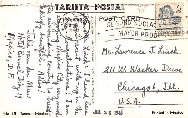 Taxco Mexico Tarjeta Postal 1945 