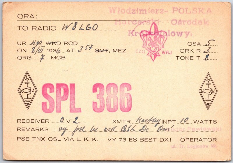 1936 QSL Radio Card Code SPL386 Wlodzimierz Polska Amateur Station Postcard