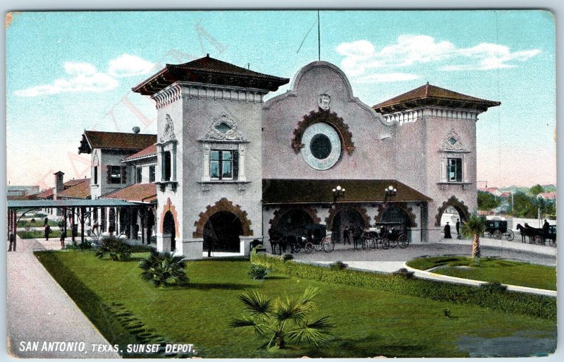 c1910s San Antonio, Tex Sunset Depot Train SP Railway Station Spanish Ebers A198