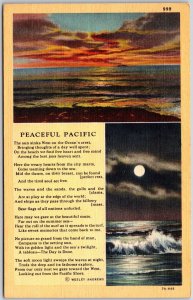 Peaceful Pacific, Sunset, Full Moon Over Ocean, Poem by Wesley Andrews, Postcard