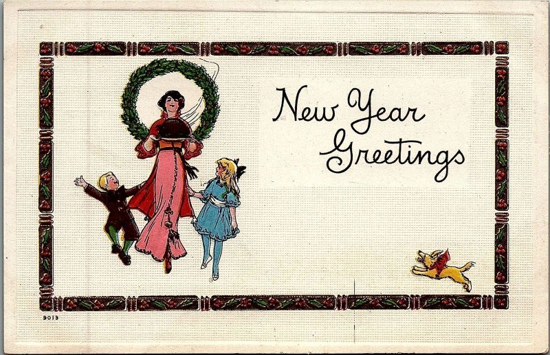 1913 NEW YEAR GREETINGS CHILDREN DOG TURKEY E BERGMAN EMBOSSED POSTCARD 20-182