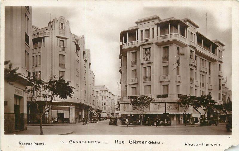 Morocco Casablanca Clemenceau Street stores cars 1930s Real Photo Postcard