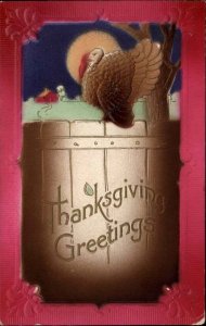 Thanksgiving Turkey on Gate Embossed Airbrushed c1910 Vintage Postcard