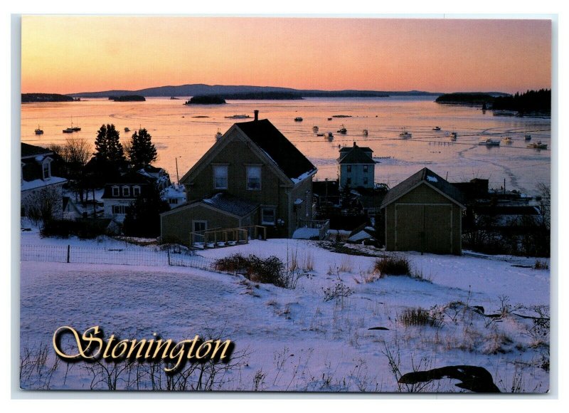 Postcard Stonington, Maine ME snow winter harbor fishing boats MS980