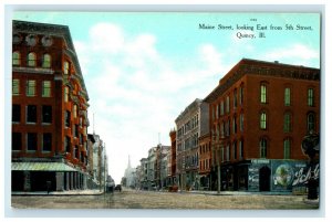 c1910s Maine Street, Looking East from 5th Street, Quincy Illinois IL Postcard 