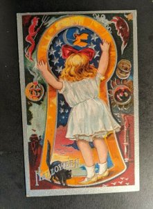 Vintage Girl with Black Cat Embossed Halloween Postcard