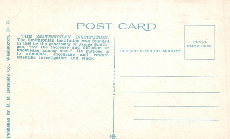 Vintage Postcard 1920's Smithsonian Institution Washington DC B.S. Reynolds Pub.