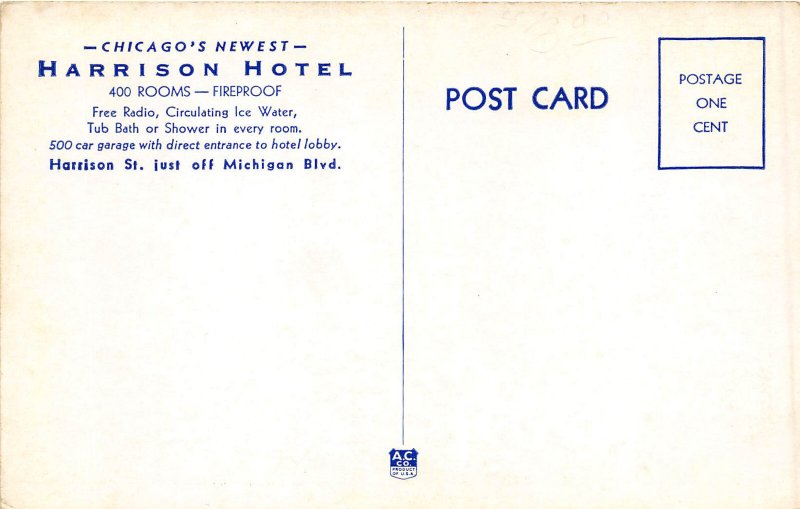 Chicago Illinois 1940s Map Postcard Harrison Hotel
