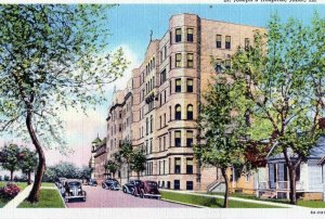 VTG 1940s St Josephs Hospital Joliet Illinois IL Street Scene Linen Postcard