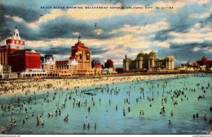 New Jersey Atlantic City Beach Scene Showing Beachfront Hotels 1940