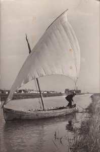 Man Anchoring Sailing Boat at Albufera Canal Valencia Real Photo Postcard