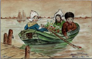 Dutch Kids In A Boat Holland Vintage Postcard C024