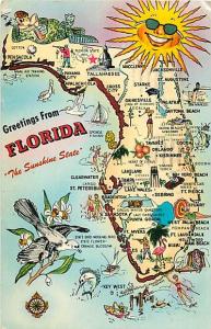 Greetings from Florida The Sunshine State Map Card FL 1960