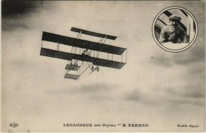 PC CPA AVIATION, LEGAGNEUX SUR BIPLAN H. FARMAN, Vintage Postcard (b24368)