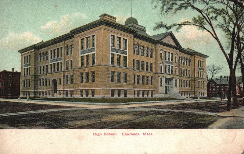 Vintage Postcard High School Campus Building Lawrence Massachusetts NENC Pub.