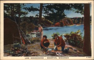 Edgerton WI Wisconsin Lake Koshkonong Camping Scene c1930-50s Vintage Postcard