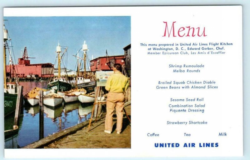 UNITED AIR LINES Menu Postcard ~ GLOUCESTER HARBOR Fishing Fleet ~ Chef Gerber