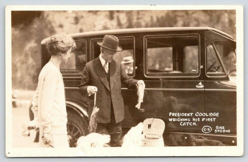 Custer SDPresident Coolidge Weighing First CatchFishDogCar1927 RPPC