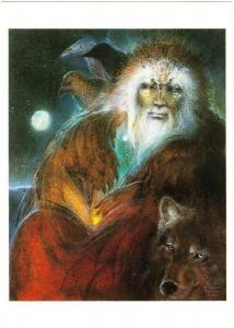 Odin by Susan Seddon Boulet Norse God with Wolf Raven Birds Art Postcard