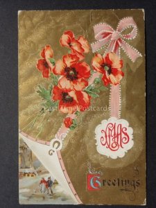 Embossed Poppies Postcard: XMAS GREETINGS c1909 (gold) Donate to R.B.L.