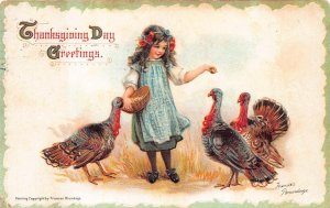 THANKSGIVING DAY HOLIDAY GIRL TURKEY'S ARTIST SIGNED BRUNDAGE POSTCARD 1915