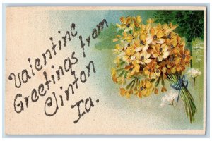 Clinton Iowa IA Postcard Valentine Greetings Embossed Flowers Leaves c1920's