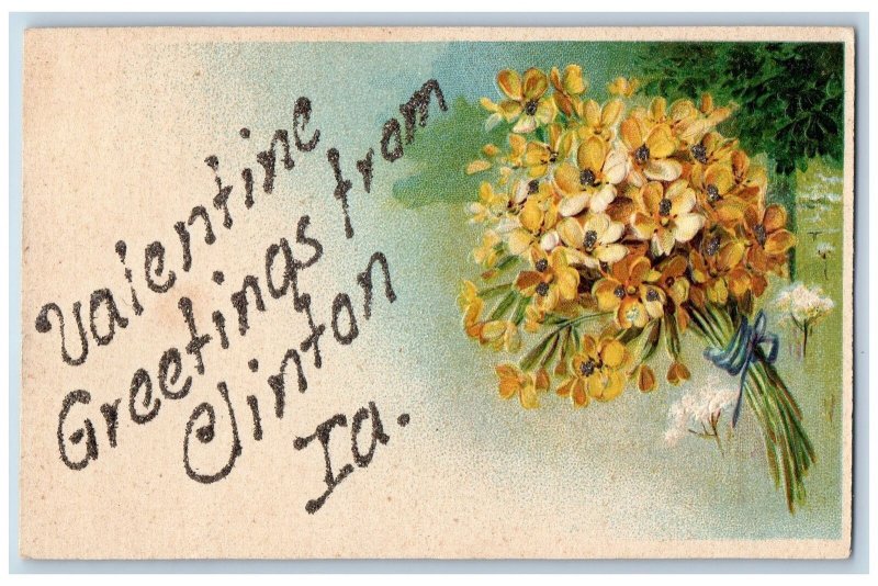 Clinton Iowa IA Postcard Valentine Greetings Embossed Flowers Leaves c1920's