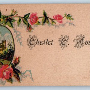 c1880s Chester C. Smock Name Calling Card Trade Church Flower Rose Antique C58