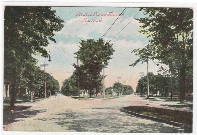 Five Points Flatiron Street Intersection Marion Ohio 1910c postcard