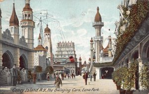 THE SWINGING CARS LUNA PARK CONEY ISLAND NEW YORK POSTCARD 1908