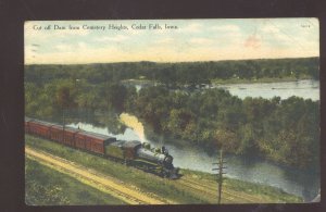 CEDAR FALLS IOWA CUT OFF DAM FROM CEMETERY HEIGHTS RAILROAD TRAIN POSTCARD