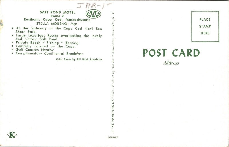Salt Pond Motel Route 6 Eastham Cape Cod Massachusetts MA Chrome Postcard UNP 