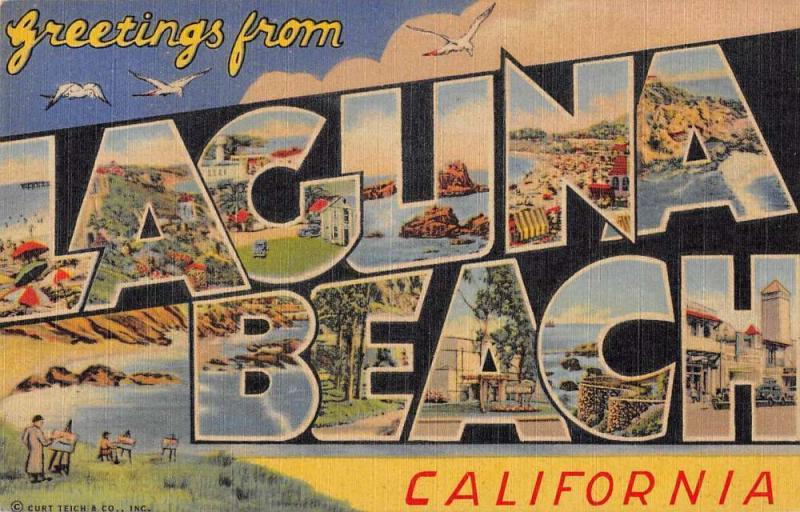 Laguna Beach California Greetings From large letter linen antique pc ZA440619