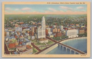 Linen~Air View Columbus Ohio & River Bridge~Vintage Postcard