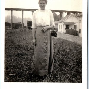 c1910s Nice Young Lady Outdoor RPPC Train Viaduct Bridge Railway Real Photo A142