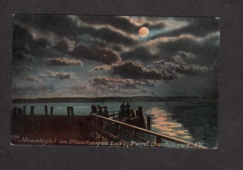 NY Lake Moonlight Chautauqua Point New York Postcard Vintage