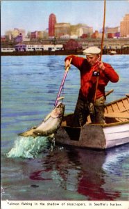 PC Salmon Fishing In The Shadow of Skyscrapers in Seattle's Harbor Washington