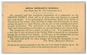 1935 Media Research Bureau Manuscript of Graves Family Washington DC Postal Card